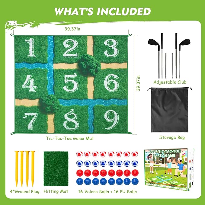 Lerine Golf Chipping Game Tic Tac Toe, Sticky Golf Game with 2 Adjustable Clubs, 32 Balls, Golf Games for Kids and Adults, Backyard Family Sport Game for Indoor & Outdoor