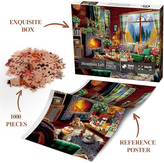 Cozy Cabin Winter Scene Puzzle 1000 Piece for Adults, Book Cozytime Jigsaw Puzzle Coffee Table, Dog Cat Puzzle