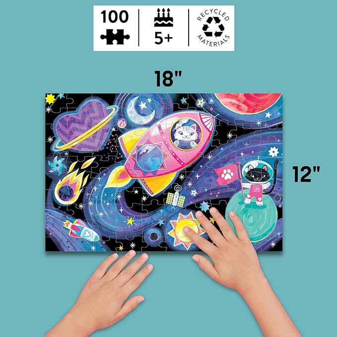 Mudpuppy Cosmic Dreams – 100 Piece Glow in The Dark Jigsaw Puzzle with an Outer Space Scene of Astronaut Cats and Hidden Planetary Details in The Dark