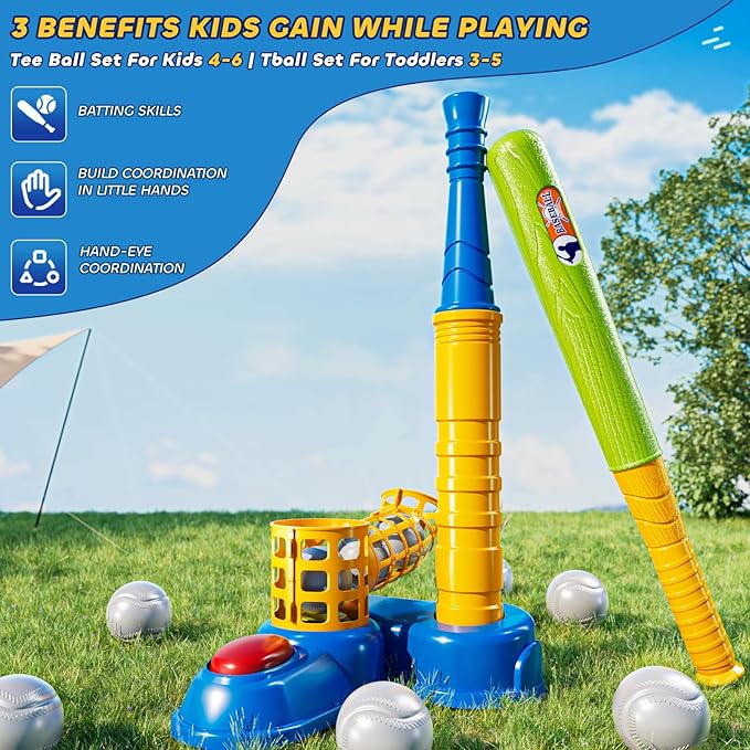 T Ball Sets for Kids 3-5, Baseball T-Ball Set with 10 Balls, Outdoor Sport Toy Games for 3-12 Year Old Boys Girls Toddlers, Training Batting Tee for Backyard and Lawn Play