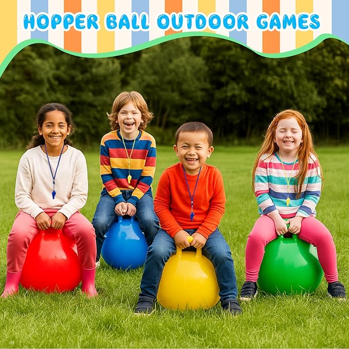 Soulchen 11 Pcs Carnival Outdoor Games Set with 4 Pieces 20 Inch Hopper Balls with Handle 1 Air Pump 2 Whistles 4 Plastic Medals Fall Festival Christmas Yard Games for Adult Boys Girls