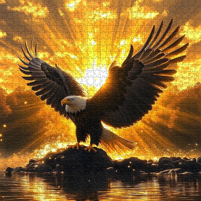 Solar Eagle Puzzle for Adults 1000 Pieces, Majestic Bald Eagle with Golden Sunrise Artwork Wings of Glory, Freedom Faith Animal Bird Jigsaw Puzzle