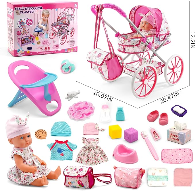 Baby Doll Stroller Toys Set W/ 13'' Baby Doll, Doll's Bed, Dining Chair, 26 PCS Doll Accessories & 2 Set Clothes, Baby Stroller Toys for 3 4 5 Year Old Girl Birthday Gift, Pretend Playset for Toddler