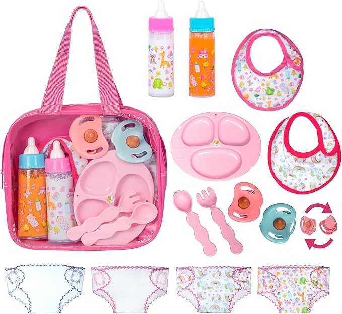 My Sweet Baby 13-Piece Doll Feeding & Diaper Bag Set – Disappearing Milk Bottles, Bibs, Pacifiers, Diapers & Accessories Set – Pretend Play Baby Doll Care Kit for Girls – Fits 12–18″ Dolls