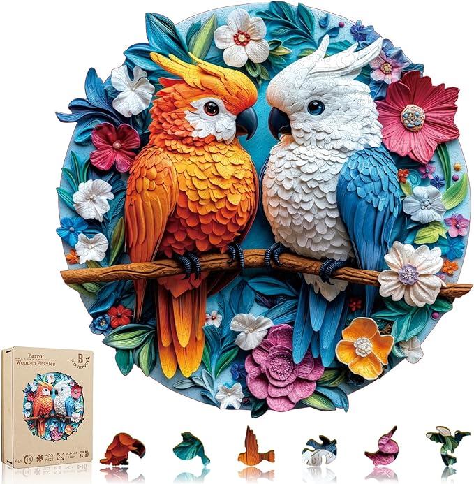 Bodhipnjoy Spring Flower Wooden Jigsaw Puzzle for Adults 500 Pieces, Parrots Jigsaw Puzzles, Bird Wood Puzzles Adult, Unique Shaped Fun Challenging Family, Home Decor 16.5" x 16.5"