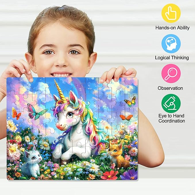 LELEMON Unicorn Puzzles for Kids Ages 4-8,60 Pieces Raibow Unicorns Cats Butterfly Jigsaw Puzzles in a Metal Box,Cute Raibow Unicornss Learning Educational Puzzles for Boys Girls