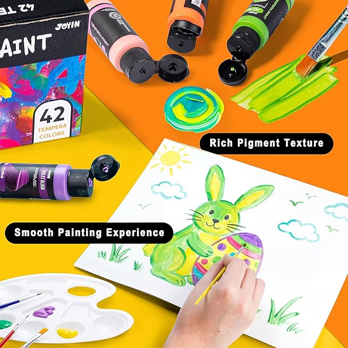 JOYIN Washable Tempera Paint Set for Kids 42PCS, Non Toxic Liquid Paint with 15 Brushes and 4 Palettes - Art Supply for Kids for Arts and Crafts Project, Finger Painting (2 oz Each), Easter Basket Stuffers