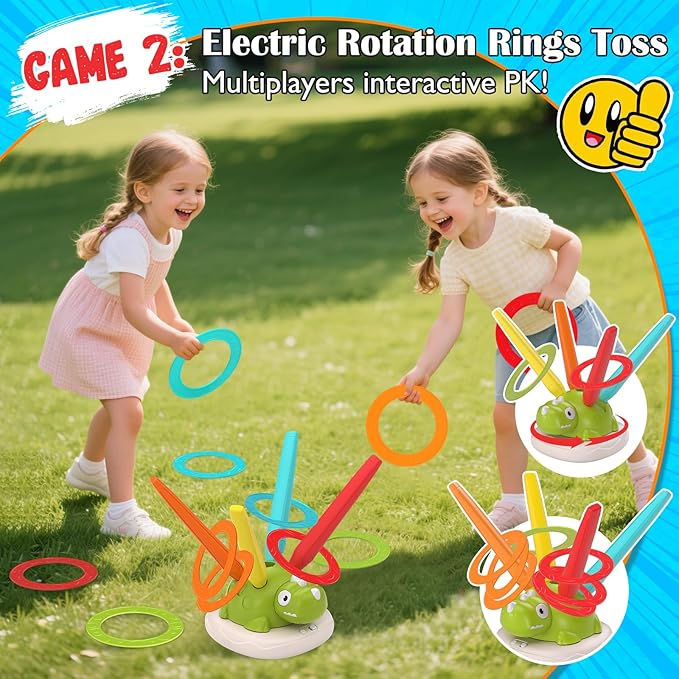 Indoor Outdoor Games for Kids, 3 in 1 Musical Jump, Ring Toss Game & Stomping Rocket Launcher for Kids, Dinosaur Sports & Outside Play Activities Toys with Remote Control for Toddlers 4-8