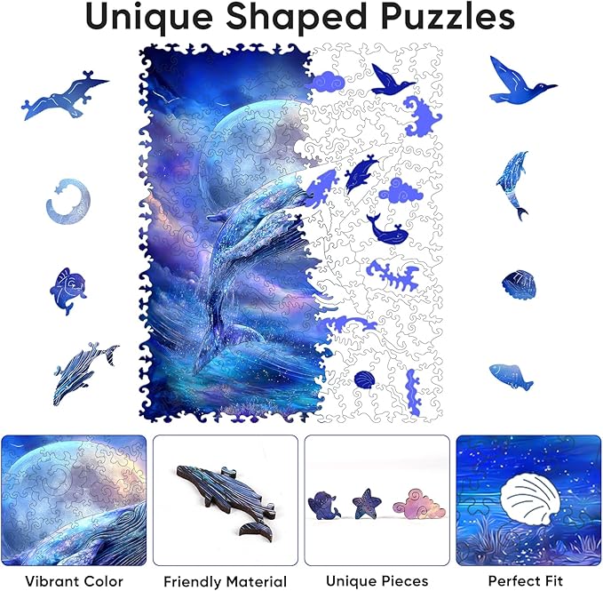 Bovearto Whale Puzzle, Moon Whale Wooden Puzzles for Adults, Sea Animal Puzzle Unique Shaped Puzzle Gifts for Kids 206 Pieces (9.8"*12.2")