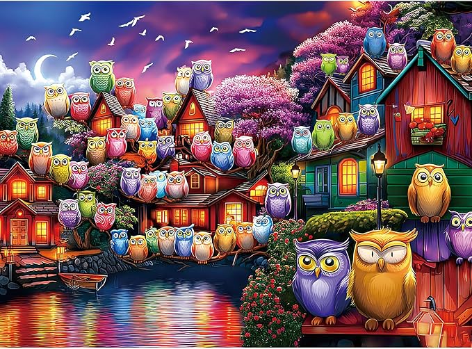 300 Piece Puzzles for Adults, 300 Piece Puzzles for Adults Large Piece, Moonlit Night Owl Village Jigsaw Puzzle, Funny Gift for Adult Kids Senior Challenging Family Games Toy, 20.5 X 15 in