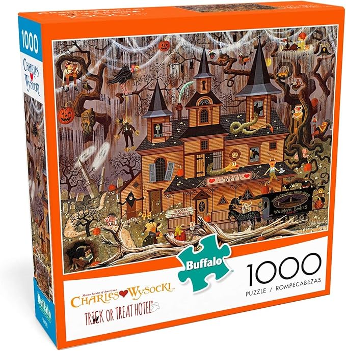 Buffalo Games - Charles Wysocki - Trick or Treat Hotel - 1000 Piece Halloween Puzzle - Colorful and High-Quality Fall Puzzles for Adults – Spooky Autumn Artwork, and Hours of Relaxing Seasonal Fun