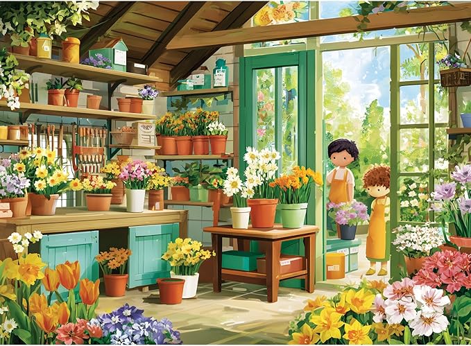 500 Piece Jigsaw Puzzles for Adults, Cozy Flower Shop with Children Puzzles for Adult, Fun and Challenging Puzzle for Party Time, Relaxing Gift for Adults, Seniors, 20.5 x 15 in