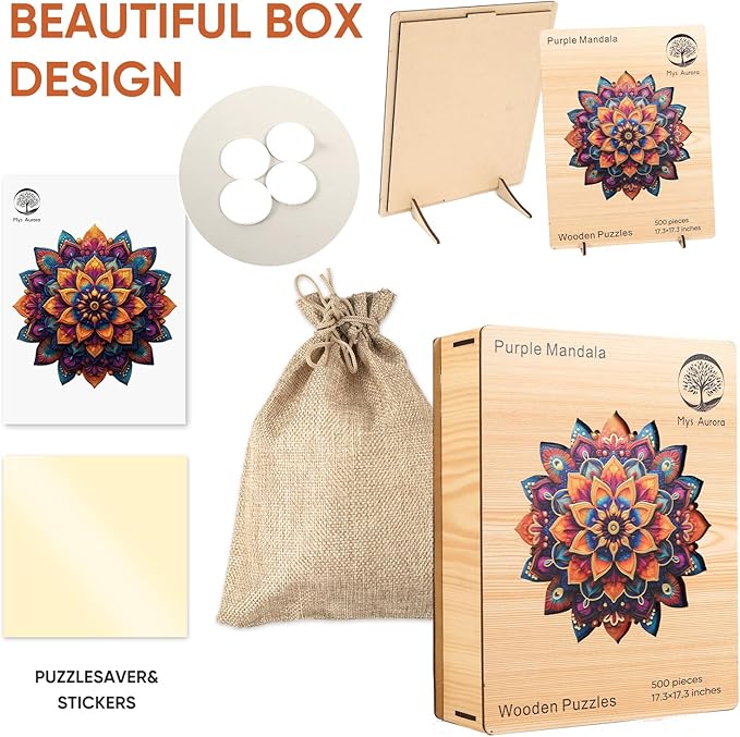 Mys Aurora Purple Mandala Puzzles for Adults 500 Pieces, Colorful Flower Jigsaw Puzzles, Unique Shaped Round Wooden Puzzles for Adults and Kids, Birthday Gift and Family Game, 16.4 x 16.4 Inches