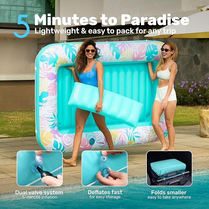 SLOOSH Inflatable Tanning Pool Lounger Float, 85" x 57" Pool Floats Adult with Pillow, 4 in 1 Suntan Tub Raft Floatie,Sunbathing Bed Lounge for Water Blow Up Ball Pit Party Gifts, L-Tropical Blue
