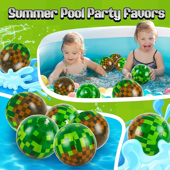 12 Pack Pixel Themed Beach Balls - 6 Inches Green and Brown Inflatable Floating Balls for Birthday Party Decorations, Summer Pool and Beach Game, and Bulk Birthday Party Favors
