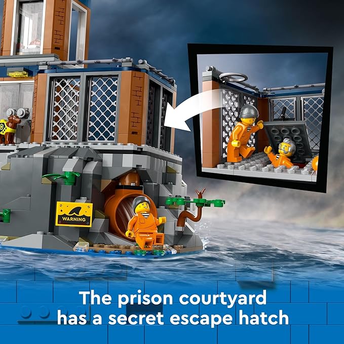 LEGO City Police Prison Island Building Set, Birthday Gift for Boys and Girls Ages 7 Plus, Imaginative Play, Helicopter Toy, Boat Toy and Dinghy, 7 Minifigures with Dog and Shark, 60419