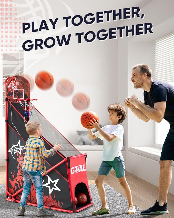 Basketball Arcade Game for Kids: Foldable Basketball Hoop Set with Soccer Goal- Portable Indoor Outdoor Sports Play Toy- Gift for Ages 3-12 Boys Girls- Air Pump and 3 Balls Included