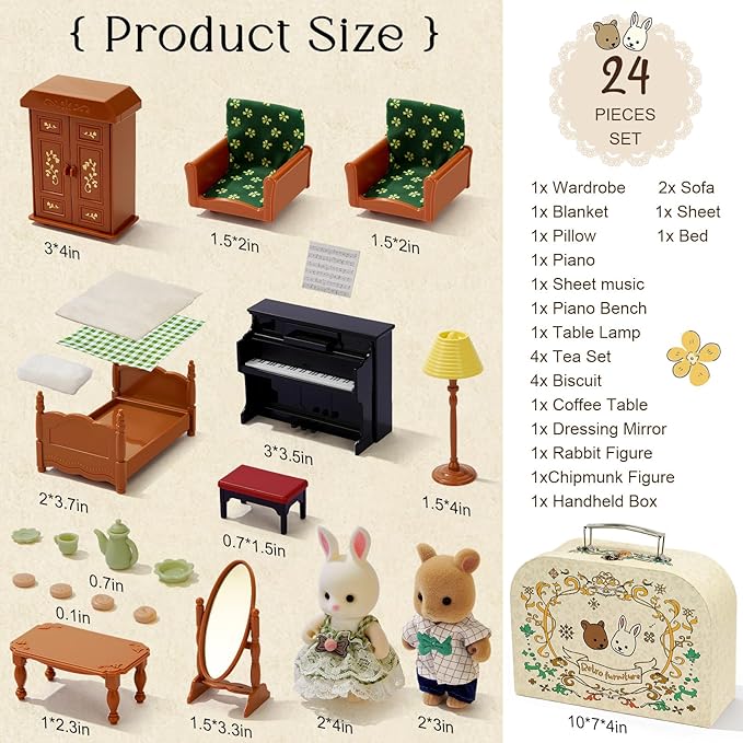 Dollhouse Bedroom Furniture Accessories Suitcase Set for Kids, 2 Flexible Dolls/Table/Bed/Bedclothes/Floor Lamp/Safety Mirror/Wardrobe/Piano/Stool, Pretend Play Christmas Birthday Gift for Girls 3+