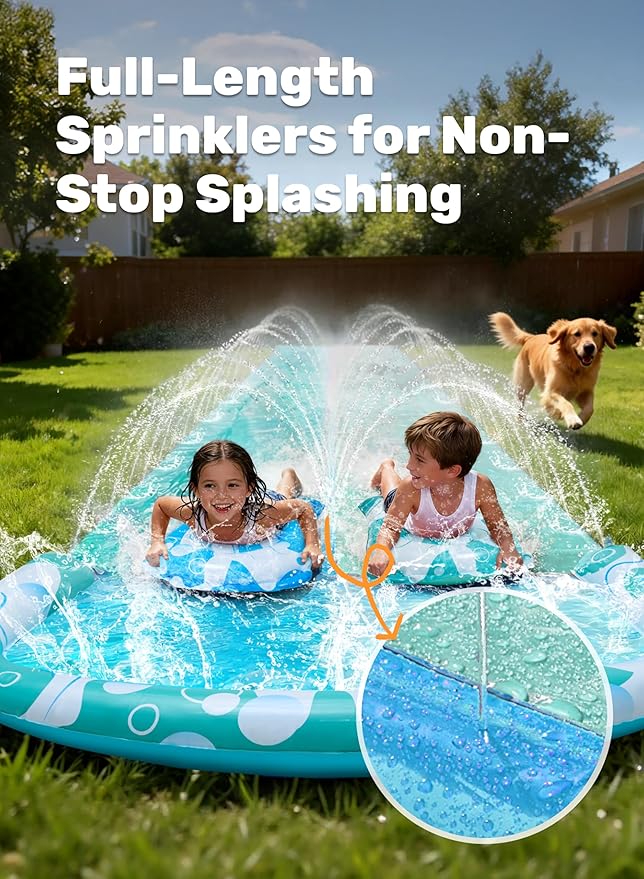 JOYIN 32.5FT Water Slide and 2 Inflatable Boards, Extra Long Heavy Duty Double Lawn Waterslide with Sprinkler for Kids Adults Backyard Summer Water Toy Outdoor Fun, Blue, Light Blue