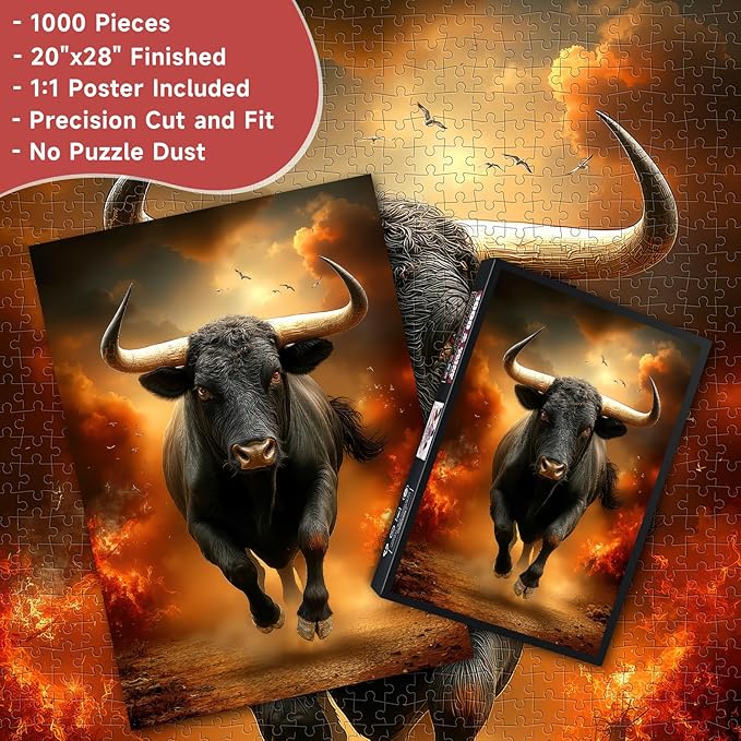 Fiery Black Bull 1000 Piece Puzzle for Adults - Powerful Bull with Golden Horns & Flaming Sky Art, Poster & Lettered Back, 20"x28" HD, Gift for Strength & Animal Lovers