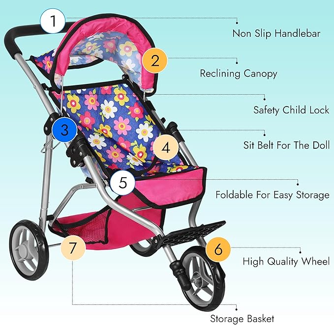 fash n kolor® Baby Doll Stroller Gift for Kids, Toy Doll Stroller with Adjustable Canopy & Storage Basket Push Pram Baby Stroller for Dolls - Foldable Doll Stroller for Pretend Play Dolls Accessories