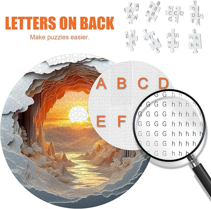3D Stereo Visual Puzzles for Adults 1000 Pieces - Unique Dawn Cave Round Jigsaw Puzzle Stereo Effect, Beautiful Canyon Sunset Landscape Puzzle with Letters on Back, Challenging Hard Difficult Puzzles