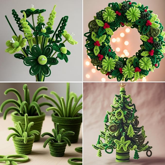 Caydo 200 Pieces Green Pipe Cleaners,Thick Fluffy Chenille Stems, Pipe Cleaner Crafts for Arts & Crafts, Perfect for Making Animals, Flowers, and Easter Decorations