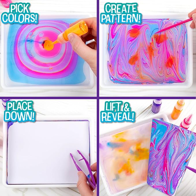 Made By Me Marbling Studio, 25-Piece Marbling Kit for Kids - Make 10 Pour Paint Art Projects - Dip & Paint Marbling Arts & Crafts for Ages 6-9 - Fun Gift