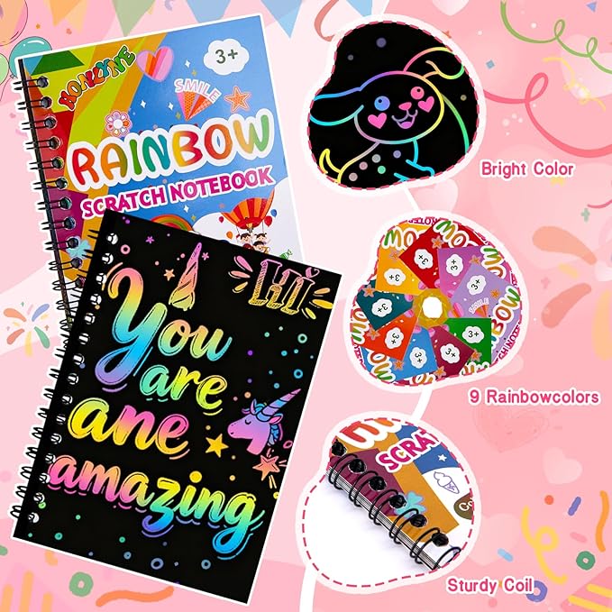 Scratch Art Crafts Party Favors, 18 Pack Rainbow Notebooks, Coloring Books Supplies Toys, Easter Basket Stuffers, Birthday Party Favors for Kids, Bulk Classroom Prizes for Toddlers