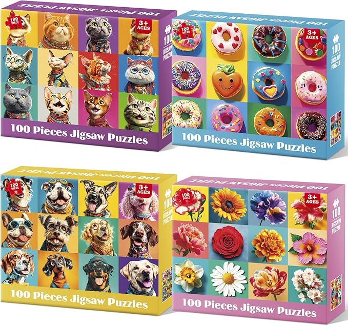 4 Packs 100 Piece Puzzles for Kids - Dogs Cats Donuts Flowers Puzzles for Kids Ages 4-6 6-8 8-10, Large Piece Puzzles for Kids & Seniors Adults Jigsaw Puzzles Educational Gifts for Girls Boys