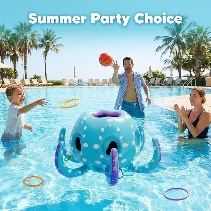 Funscape Octopus Pool Toys, 2-in-1 Inflatable Floating Pool Game, Basketball Hoop & Ring Toss Water Game, Outdoor Summer Beach Backyard Play, Cool Family Party Gift 3 4 5 6 7 8 Year Old Boy Girl Child