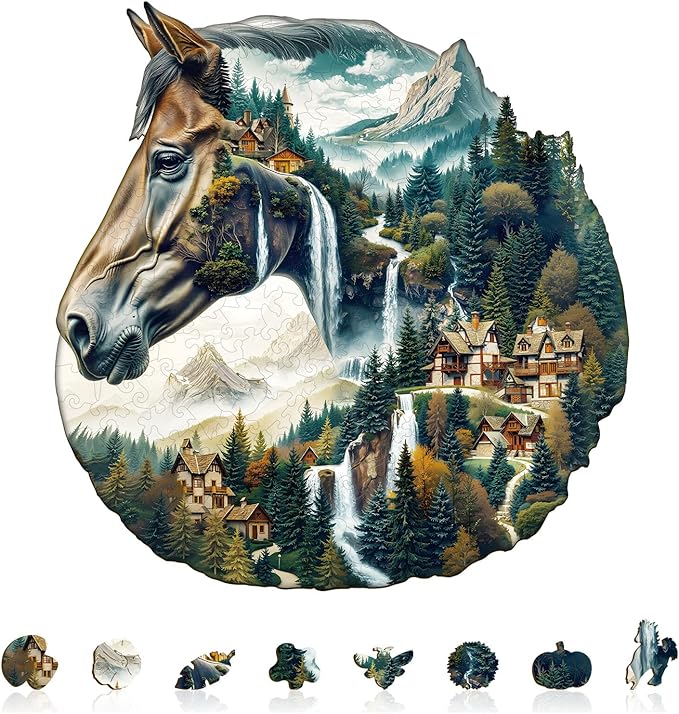 Wooden Puzzles for Adults, River and Horse Jigsaw Puzzles, 100 Piece Unique Shaped Puzzle, Animal Shape Puzzle, Gifts for Adults/Friends/Family, Family Game，Wall Decor(8.5 * 8.2in)