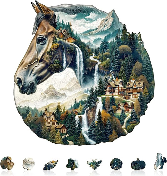 Wooden Puzzle for Adults-River and Horse Wooden Puzzle Unique Shape Advanced Animal Jigsaw Puzzle for Adults, Best Gift, Wood Puzzles, Challenge Wooden Jigsaw Puzzle (M-11.4 * 11.1in-190pcs)