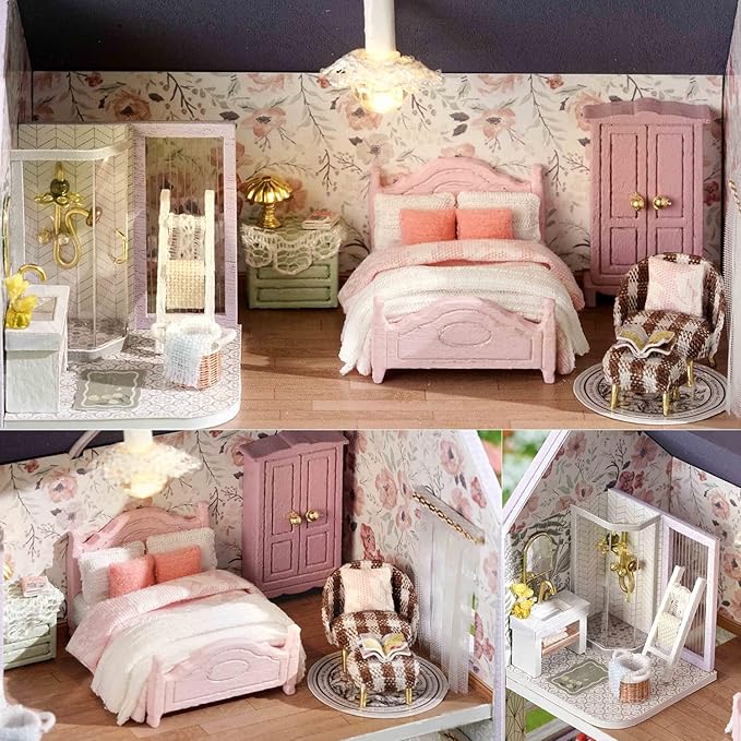 TuKIIE DIY Miniature Dollhouse Kit with Furniture, 1:32 Scale Creative Room Opened & Closed Mini Wooden Doll House for Kids Teens Adults(Happy House)