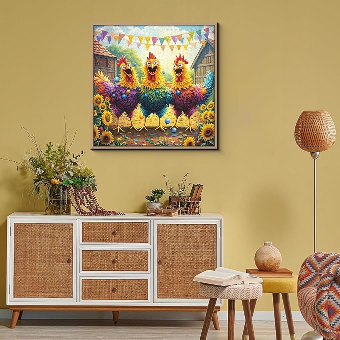 Funny Chicken Puzzles for Adults 1000 Pieces, Colorful Rooster Farm Jigsaw Puzzles, Happy Sunflower Barnyard Party Puzzle