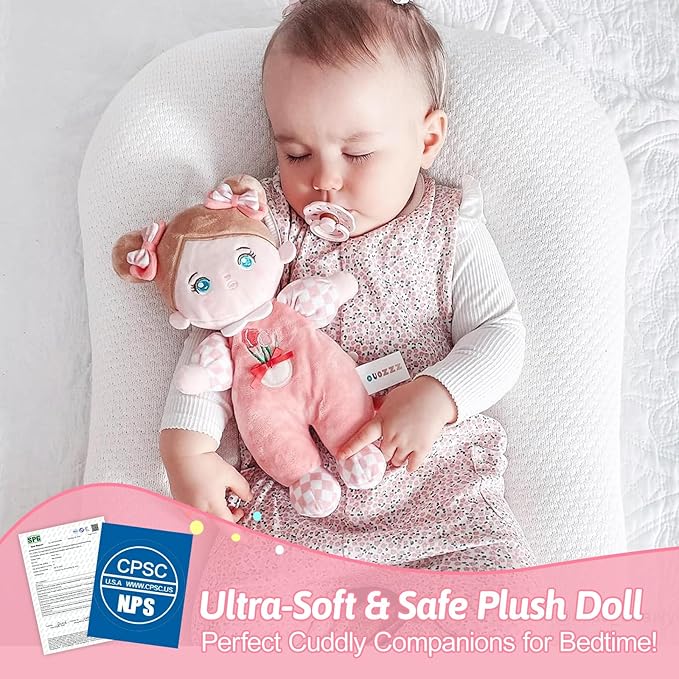 OUOZZZ Baby Doll Accessories with Soft Doll, Bassinet, Blanket and Bottle, Interactive Pretend Playset for Social Emotional Learning, Perfect Birthday Toy & Gift for 2 Year Old Girls