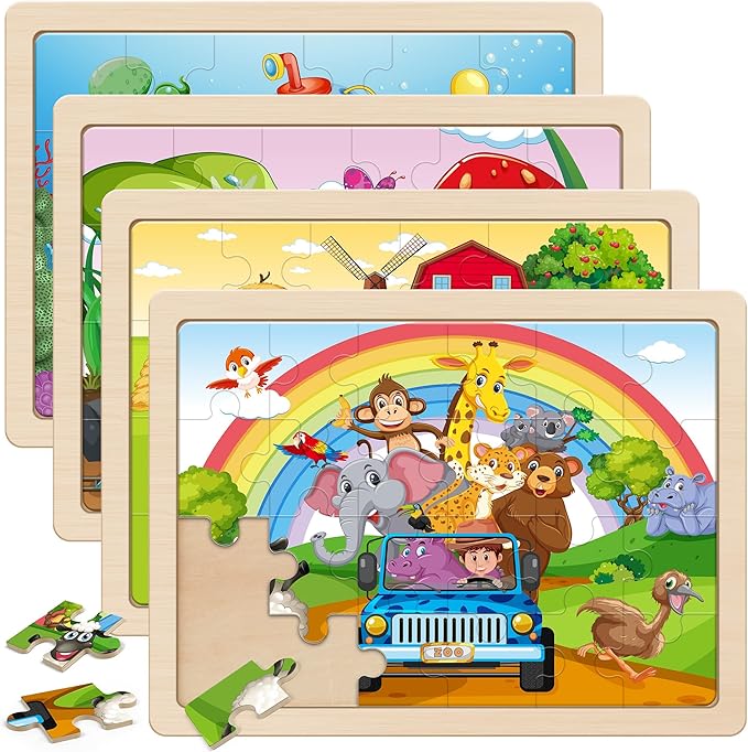 SYNARRY Large Animals Wooden Puzzles for Kids 4 in 1 Gift Box(12.2 * 9.4 in), Jigsaw Puzzles for Toddlers 3-5, Puzzles for Kids Ages 4-6, Easter Basket Stuffers Gifts Toys for Kids