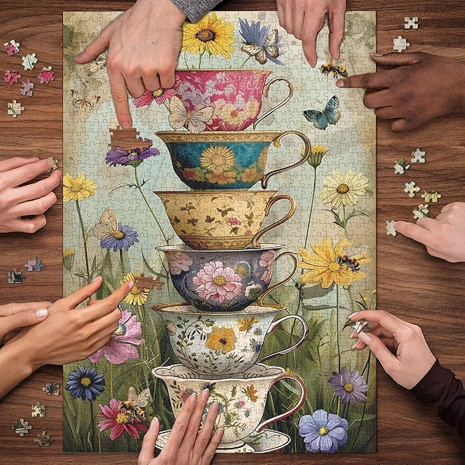 Vintage Flower Cup Puzzle for Adults 1000 Pieces, Nature Challenging Spring Floral Plant Puzzles, Retro Cups Garden Puzzle with Butterfly and Bee as Home Wall Art Decor