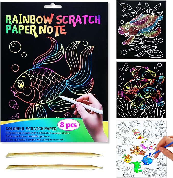 JUNQIU Scratch Art for Kids, Rainbow Scratch Paper Art Set - Ocean, Arts and Crafts for Girls Boys Ages 4-8, Kid Activity & Christmas Crafts, Stocking Stuffers for Kids
