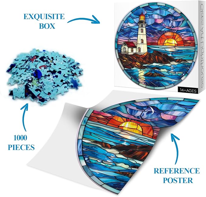 Stained Glass Beach Lighthouse Puzzle for Adults 1000 Piece, Ocean Sunset Jigsaw Puzzle, Nature Landscape Puzzle Scenery