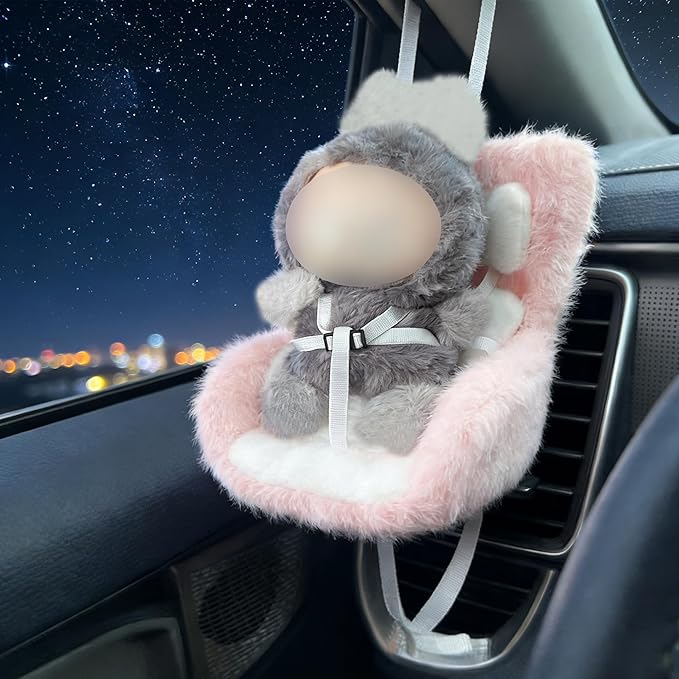 Doll Car Seat for 3–8 inch Figures, Fits Character Plushes, Blind Box Dolls & Vinyl Collectibles, Includes Air Vent Clip & Desktop Stand, Cute Car Ornament for Collectors