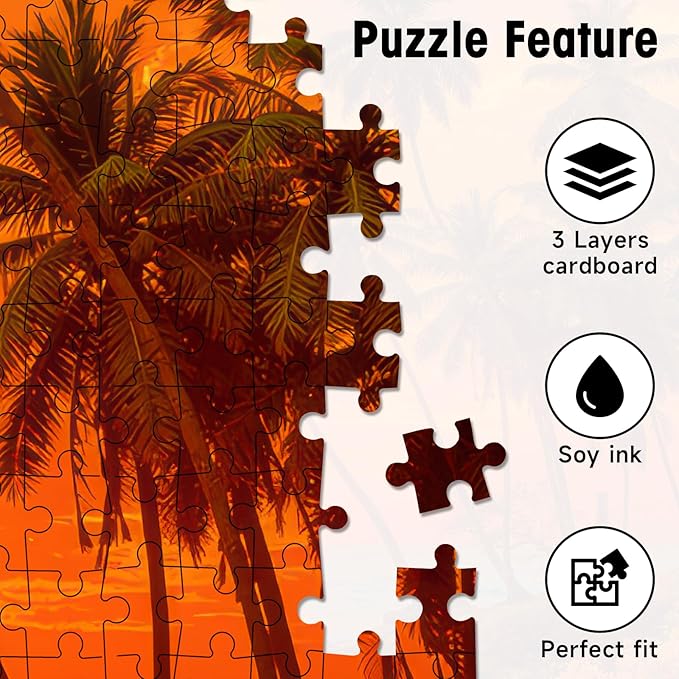 Puzzles for Adults 1000 Pieces, Tropical Sunset Beach Jigsaw with Letters on Back, Palm Trees & Ocean Waves, 28x20 Inch Wall Art, Relaxing Family Game, Easter