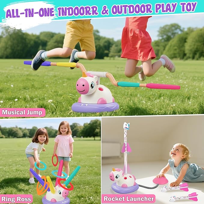 Easter Outdoor Toys for Kids, 3 in 1 Rocket Launcher, Musical Jumping & Ring Toss Games with Remote Control, Unicorn Toys for Girls, Outdoor Play Games for Toddlers 3-5 4-8 Birthday Gift Party
