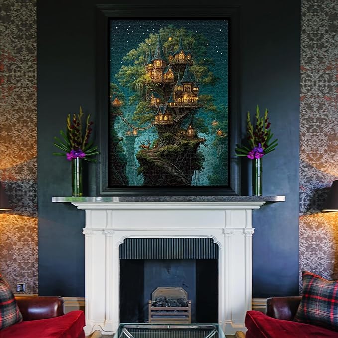 Beautiful Forest House Landscape Puzzles for Adults 1000 Pieces Nature, Pretty Tree of Life Scenic Art Jigsaw Puzzles, Cozy Plant Stars Scenery Hard Difficult Challenging Garden Puzzle