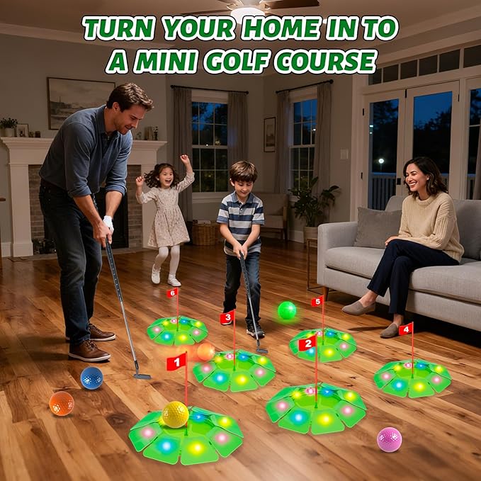 VATOS Light up Golf Putting Game Set - Glow Golf Toy with 6 LED Holes, 6 Balls (2 Glow), Extendable Putter, Build Your Own Course at Home Indoor Outdoor Yard Office Golfs Gifts for Kids Adults Golfer