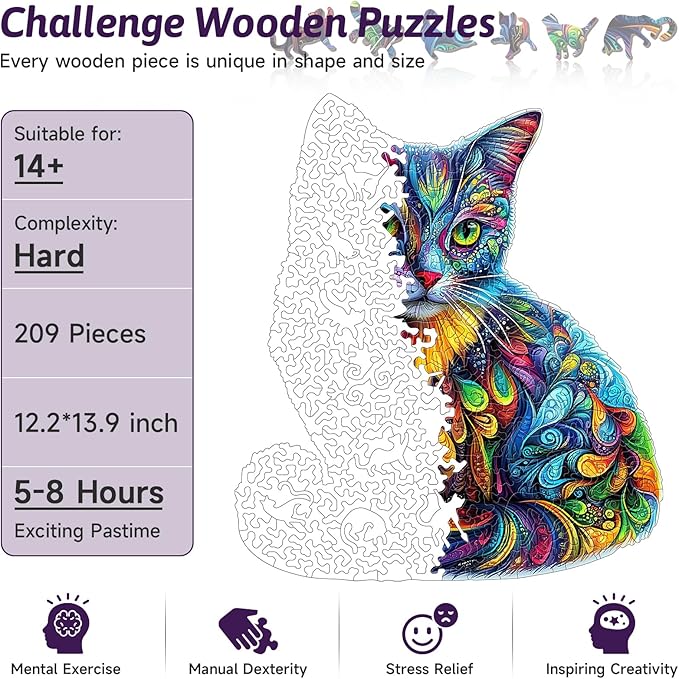 209pcs Wooden Jigsaw Puzzle for Adults – Colorful Cat Puzzle Gift for Cat Lovers, 12.2 x 13.9’’ Unique Animal Shape Wooden Puzzle, Artistic Cats Lover Gift for Women & Men (ColorCat)