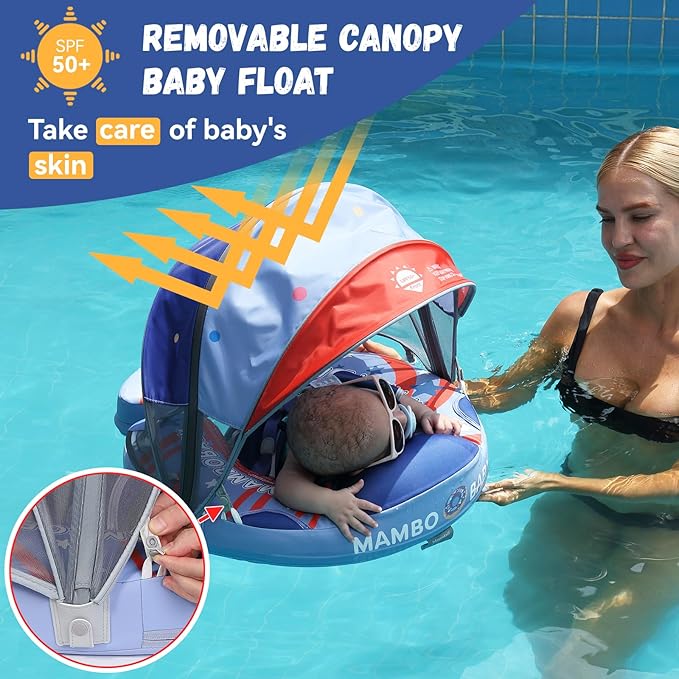 Mambobaby Baby Swim Float with Canopy Non-Inflatable Infant Pool Float with Tail 3-24 Months Avoid Flip Solid Skin-Friendly Material for Toddler Boys Girls
