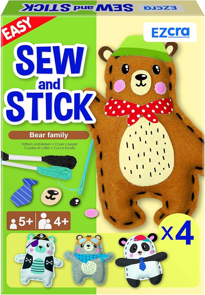 EZCRA Bear & Animal Sewing Kit for Kids Ages 4-8, No-Mess Felt Craft Projects, 4 Easy Beginner Learn-to-Sew Arts & Crafts for Boys and Girls
