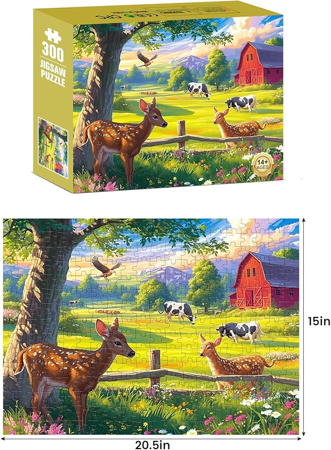 300 Pieces Puzzles for Adult Jigsaw Puzzle 300 Piece Children Elderly Puzzle Deer Cow Farm Puzzle Gift for Mom Dad Family Friend Family Activity Games Home Decor Wall Art 20.5x15IN