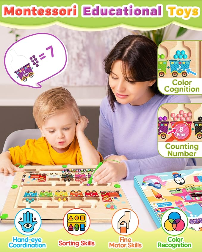 Magnetic Color and Number Maze, Montessori Toys for 2 3 4 Year Old, Wooden Color Matching Puzzle Board, Preschool Learning Activities for Ages 2-4 for Girls Boys Birthday Gifts - Train